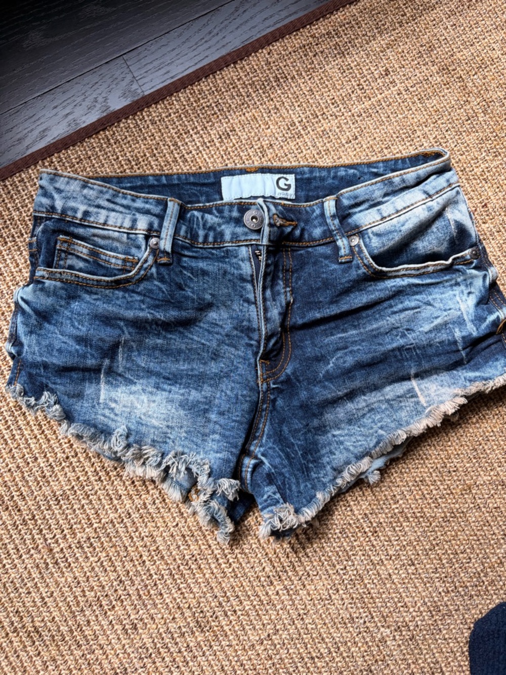 Guess Distressed Blue Frayed-Hem Denim Shorts